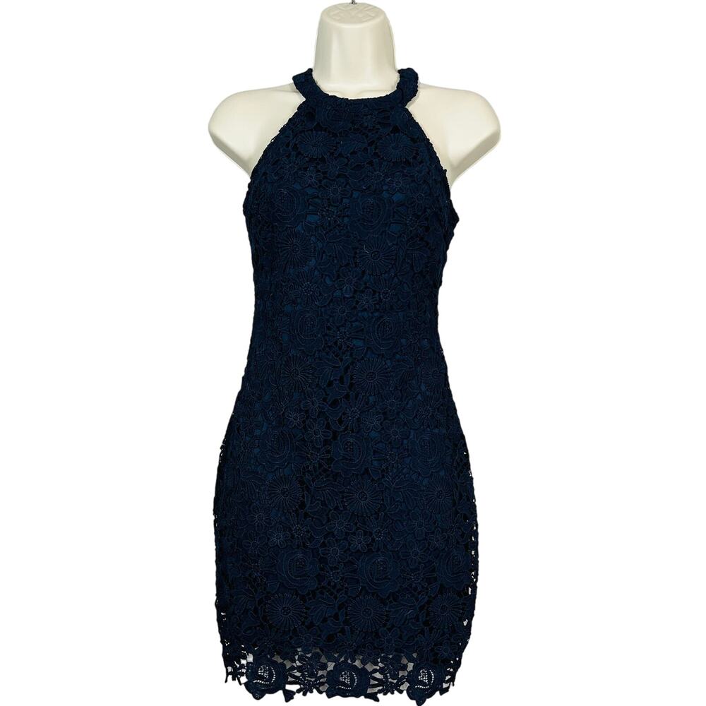 Lulus Lace Halter Bodycon Dress Mini Sleeveless Blue Prom Formal - XS